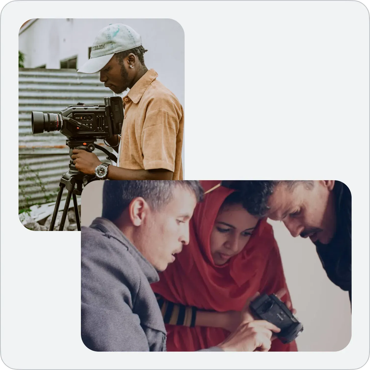 A collage featuring a videographer setting up a professional camera and a group of students collaborating on a photography project.