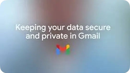 A blurred blue and teal background with white text that reads, "Keeping your data secure and private in Gmail," positioned above the colorful Google M-shaped Gmail logo.