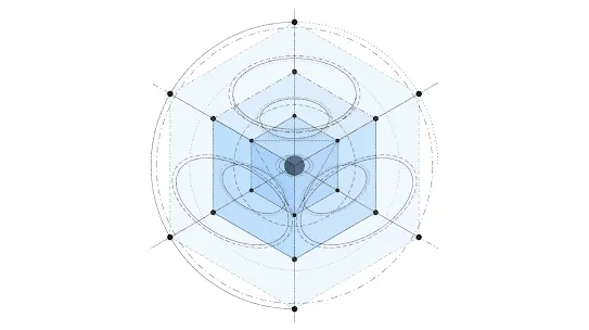 A complex, geometric technical diagram featuring light blue translucent cubes and concentric circles, centered on a small dark sphere