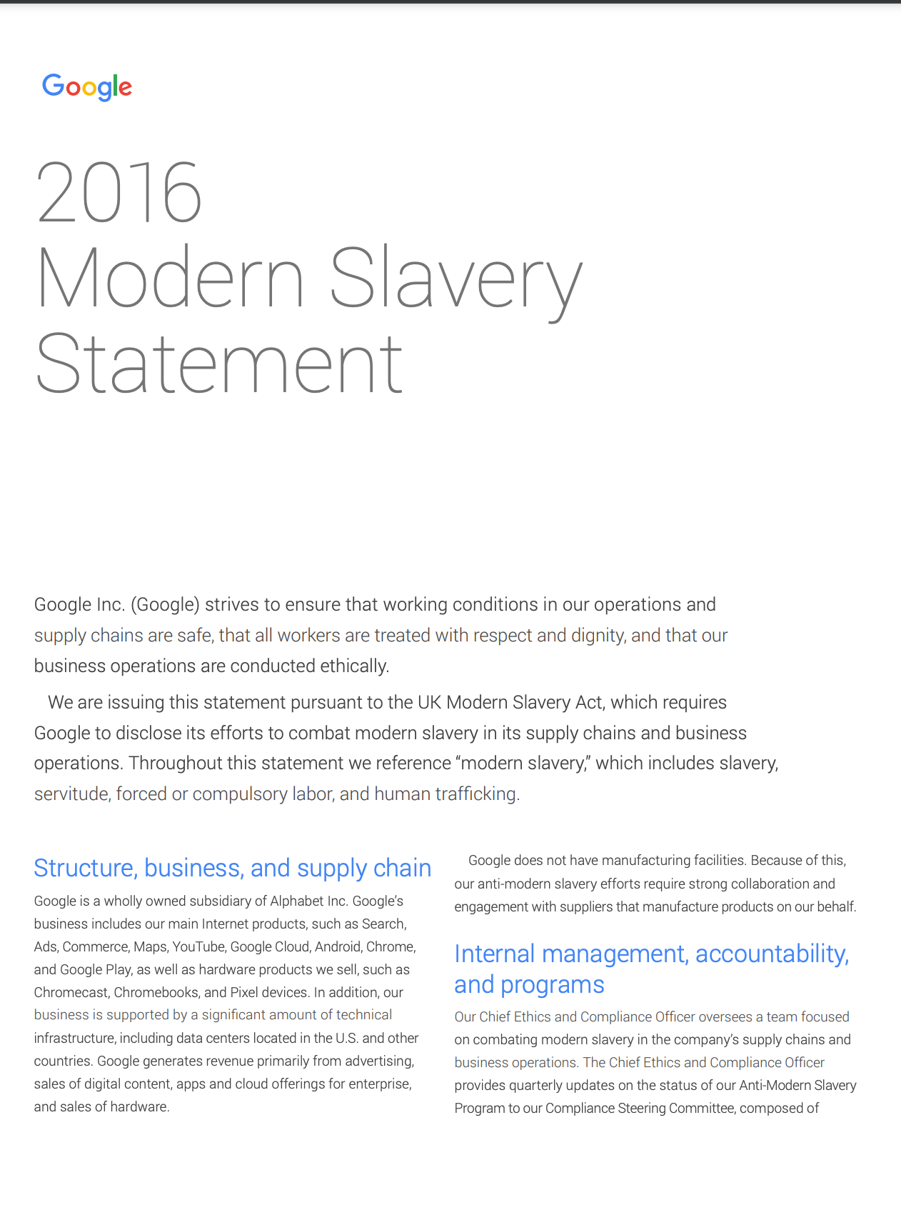 Cover image of the 2016 Statement Against Modern Slavery