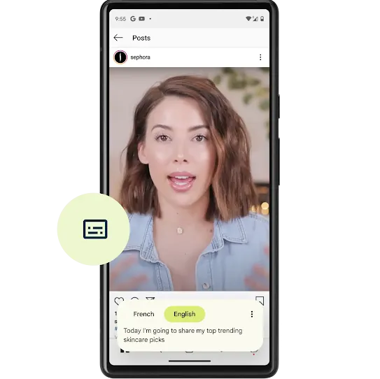 Android phone open to a post from Sephora on Instagram's main feed. Video of a white woman with short hair talking. Android's Live Caption is on and overlays text on the phone with spoken words appearing in English, "Today I'm going to share my top trending skincare picks.