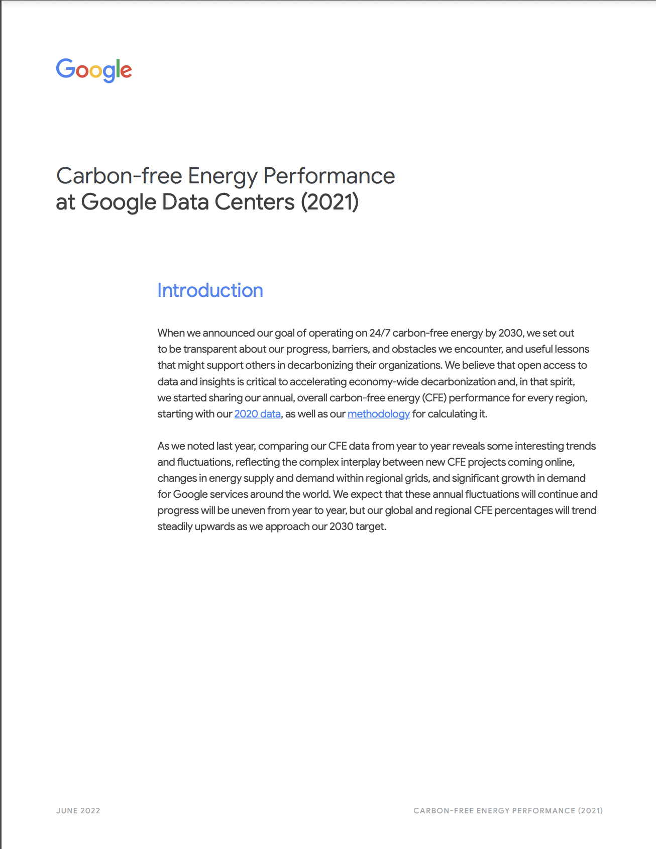 Cover image of a white paper titled: Carbon-free Energy Performance at Google Data Centers (2021)