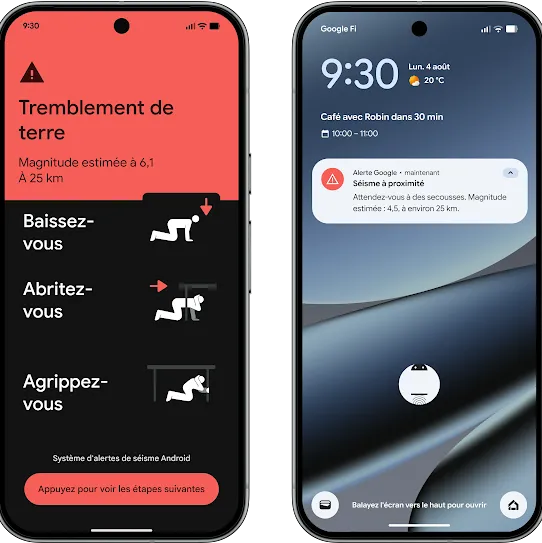 Comparatif de deux écrans de smartphone qui montrent le système d'alertes de séisme Android. L'écran de gauche affiche une alerte d'urgence en plein écran avec un en-tête rouge indiquant "Séisme : magnitude estimée à 6,1, à 26 km" et des icônes d'instructions pour se mettre à l'abri. L'écran de droite affiche un écran de verrouillage standard avec une notification d'alerte Google compacte indiquant "Séisme à proximité : attendez-vous à des secousses".