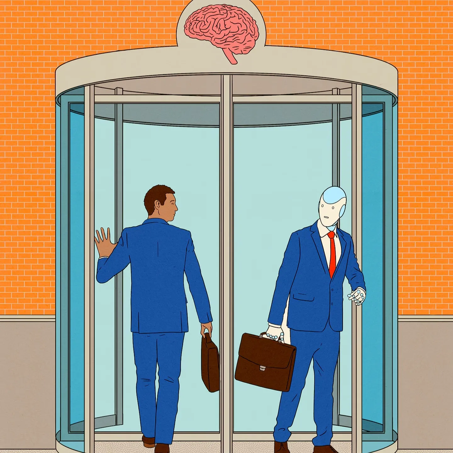 An illustration of a man and a humaniod robot entering and exiting a revolving door