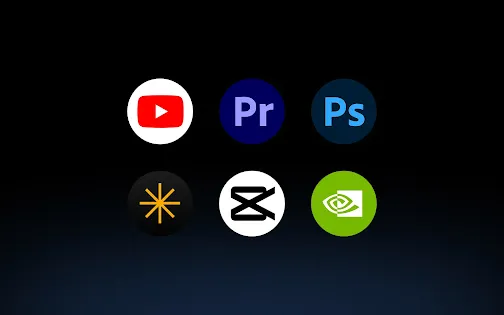 A group of icons for apps including YouTube, Premiere, Photoshop, and Capcut.