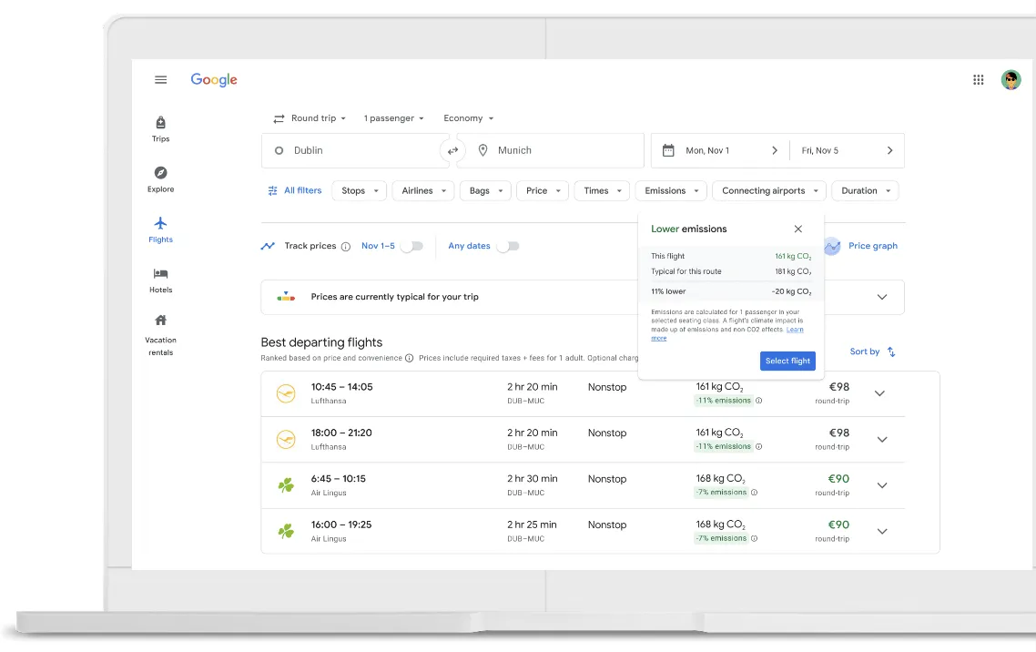 Interface utilisateur montrant des options de vols dans la recherche Google