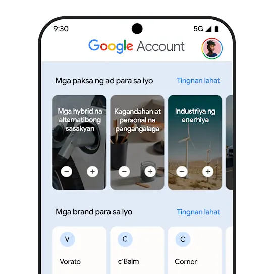 Hub page ng Ang Aking Ad Center, na may mga kontrol para ma-customize ang iyong experience sa ad.