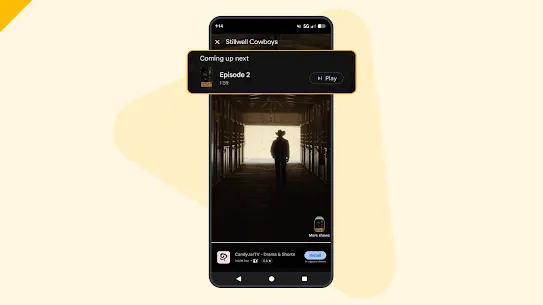 A phone screen shows a video still from the short-form drama, Stillwell Cowboys, and promotes the relevant app, CandyJarTV.
