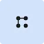 A minimalist black icon of four circles connected by lines representing a network or node structure, on a light blue background.