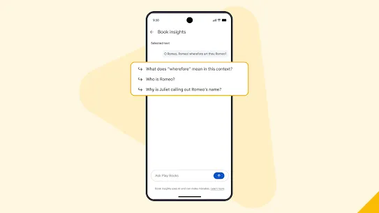 A phone screen shows the Book insights feature within Google Play Books that lets you select text to get recaps about what you've read, ask questions, and more.