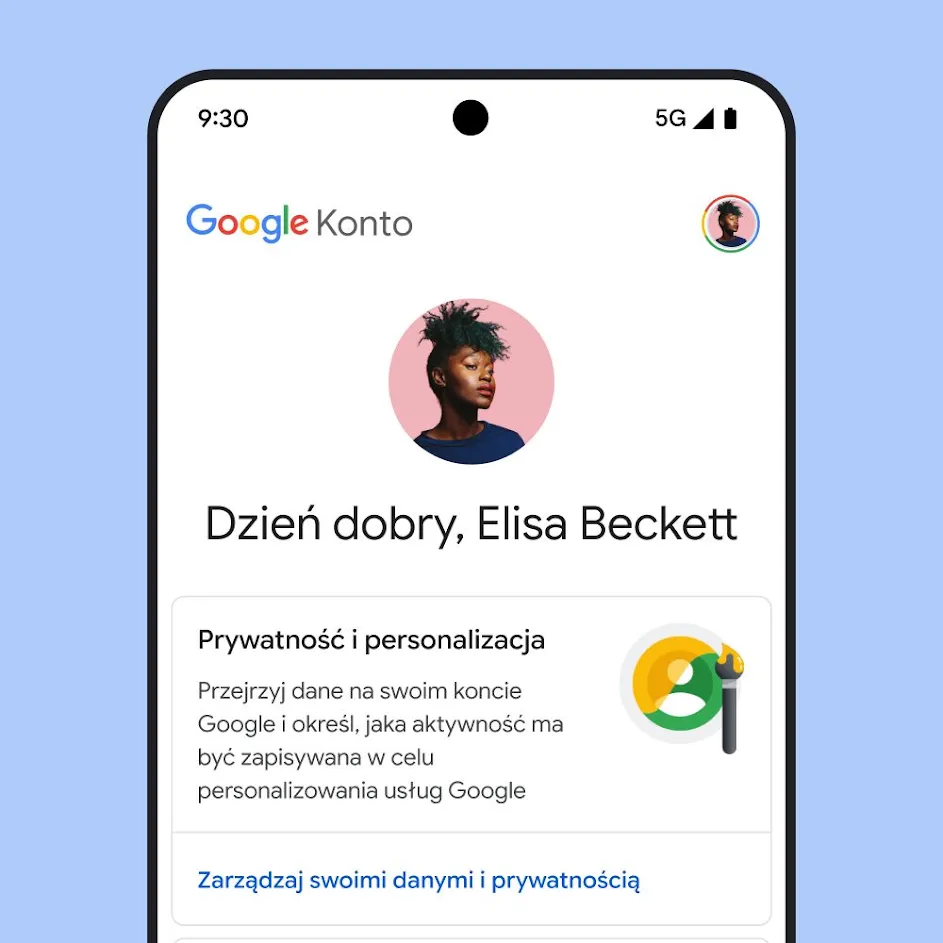 Obraz przedstawiający interfejs strony Moje konto Google z wiadomościami dotyczącymi prywatności i personalizacji oraz linkiem do zarządzania danymi i prywatnością.