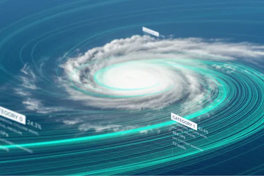 A stylized, top-down graphic of a hurricane, showing a swirling storm with a distinct eye at the center and concentric rings indicating different categories or levels of intensity.