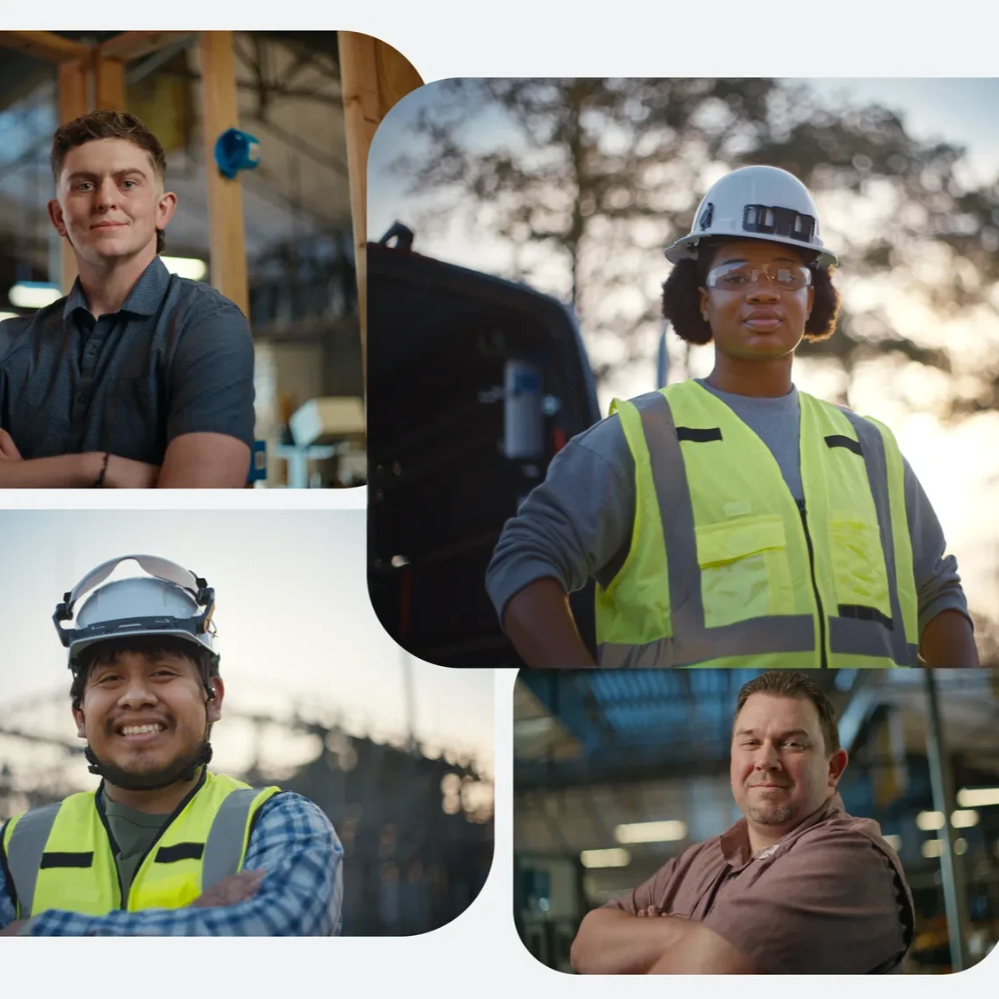 A photo collage featuring four portraits of construction and industrial workers in high-visibility vests and safety hard hats.