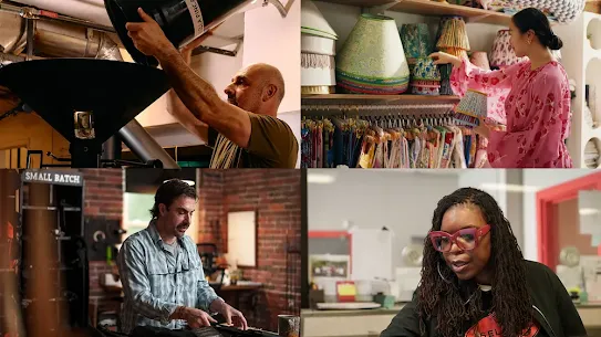 Four-panel collage celebrating small business owners at work: a man pouring coffee beans into a roaster, a woman arranging colorful patterned lampshades, a artisan working on crafts in a brick workshop with a 'Small Batch' sign, and a woman with glasses working in an office environment.