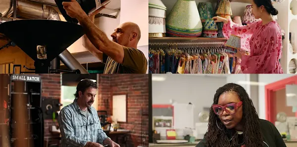 Four-panel collage celebrating small business owners at work: a man pouring coffee beans into a roaster, a woman arranging colorful patterned lampshades, a artisan working on crafts in a brick workshop with a 'Small Batch' sign, and a woman with glasses working in an office environment.