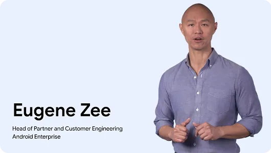 A portrait of Eugene Zee, Head of Partner and Customer Engineering for Android Enterprise, against a light blue background.
