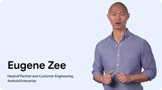 A portrait of Eugene Zee, Head of Partner and Customer Engineering for Android Enterprise, against a light blue background.
