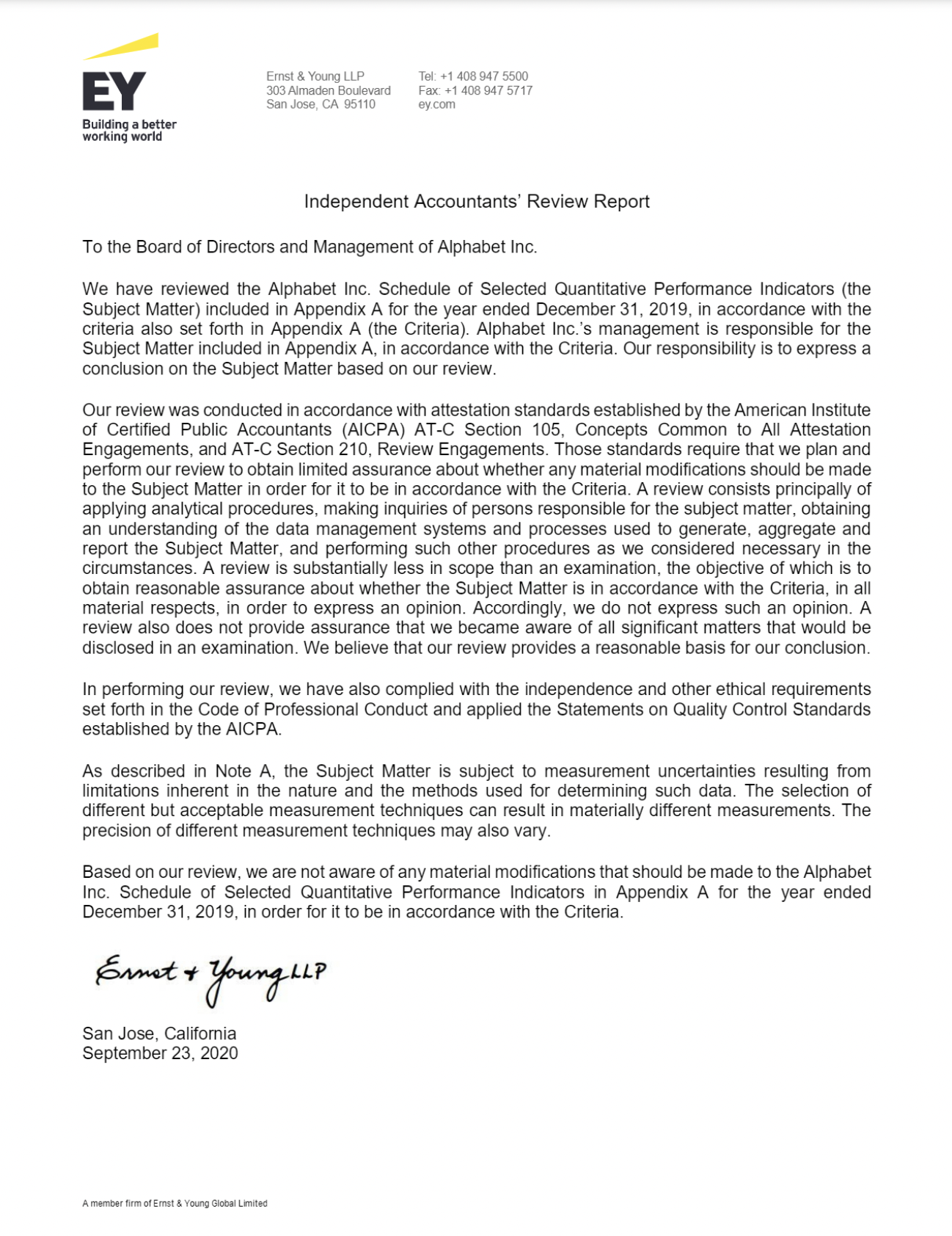 Cover image of Alphabet's 2020 (FY2019) Environmental Indicators Assurance Letter