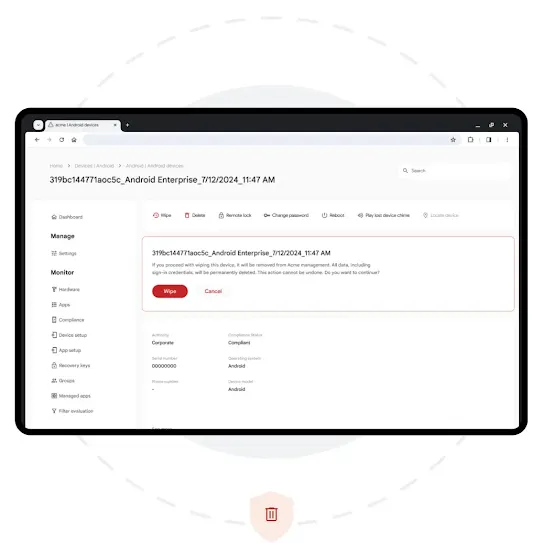 A device is showing an Android devices monitoring page. Behind the device is a grey solid circle and a dashed circle right outside it. One red shield icon with a trash can in the middle is below the device.