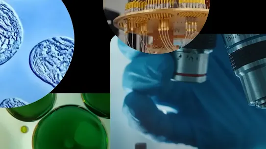 Collage on a black background showing scientific images including a gloved hand on a microscope and a quantum computer