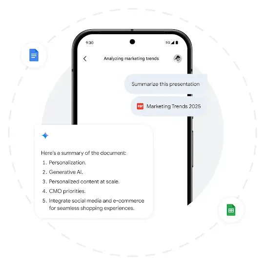 A phone screen showing an abstract example of how the Gemini app creates a summary of a presentation on a PDF. Two Google app icons are scattered around the phone.