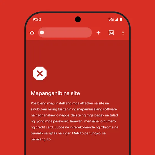 Visual ng screen ng smartphone na gumagamit ng Chrome browser, na nagpapakita ng alerto tungkol sa isang mapanganib na site, kasama ang mga inirerekomendang susunod na hakbang at link para matuto pa tungkol sa babalang ito. 