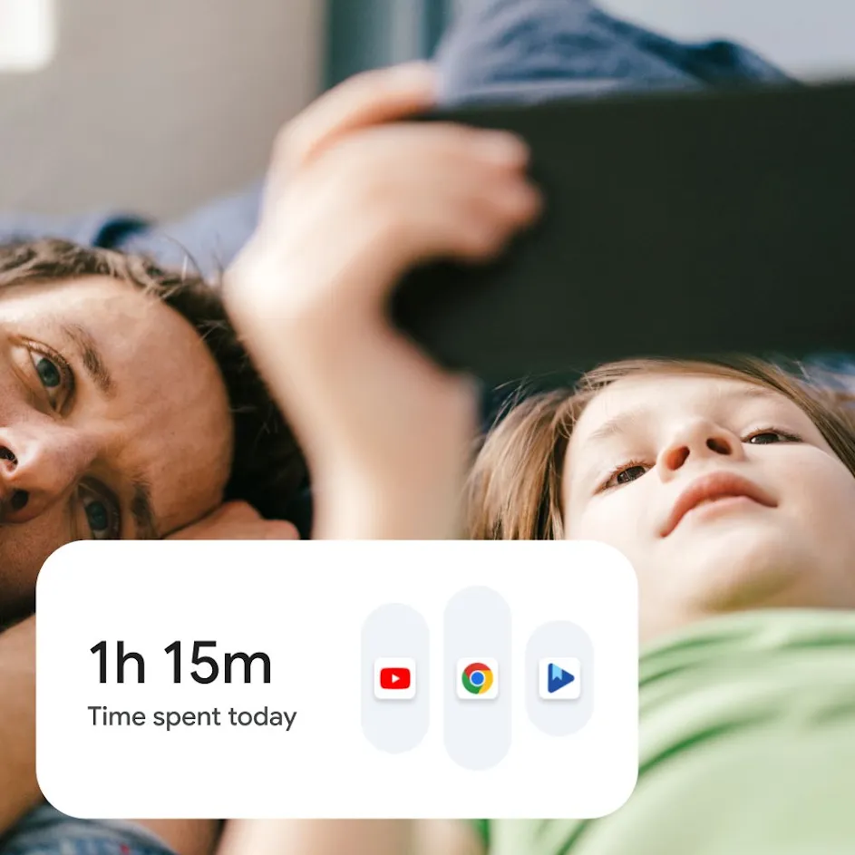 Photograph of a father and son lying down together at home, watching content on a smartphone with happy expressions on their faces. In the top left, an icon for the child's user profile is overlaid on the photograph. In the bottom-left corner, a user interface for screen time settings is overlaid on the photograph. 
