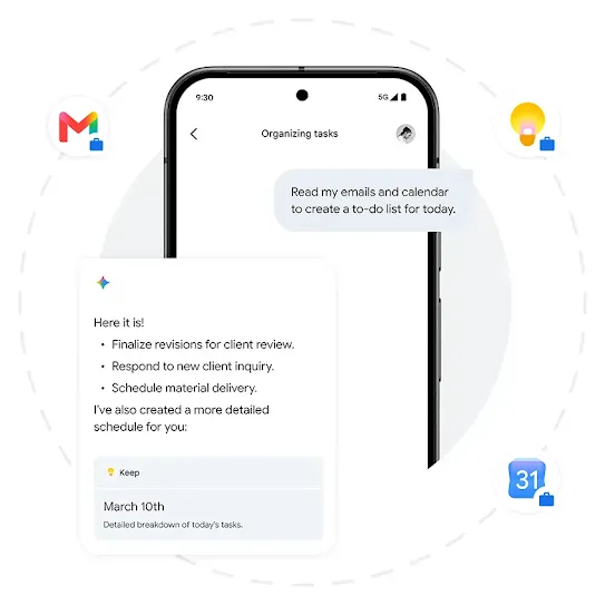 A phone screen showing an abstract example of how the Gemini app creates a to-do list from their emails and calendar. Three Google app icons are scattered around the phone.
