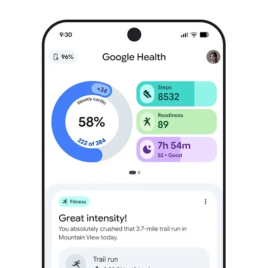 Visual of a smartphone screen with the Google Health app open, displaying a summary of a workout.