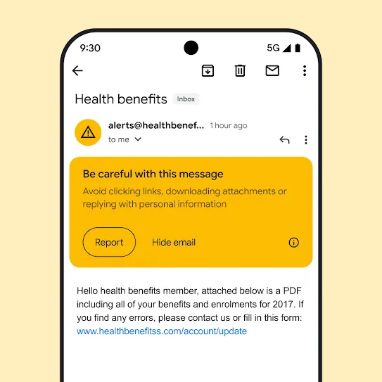 Visual of an email in Gmail on a smartphone screen, showing a security alert for a potential phishing attempt.