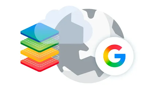 CLoud, stacked boxes, globe and Google super G all merged in a graphic