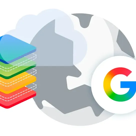 CLoud, stacked boxes, globe and Google super G all merged in a graphic