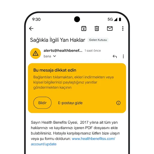 Gmail'de bir e-postanın yer aldığı akıllı telefon ekranı görseli. Ekranda, olası kimlik avı girişimiyle ilgili bir güvenlik uyarısı gösteriliyor.