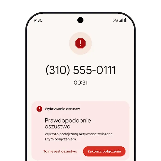 Ilustracja przedstawiająca ekran główny telefonu Pixel, na którym widać powiadomienie o automatycznie odrzuconym połączeniu spamowym.