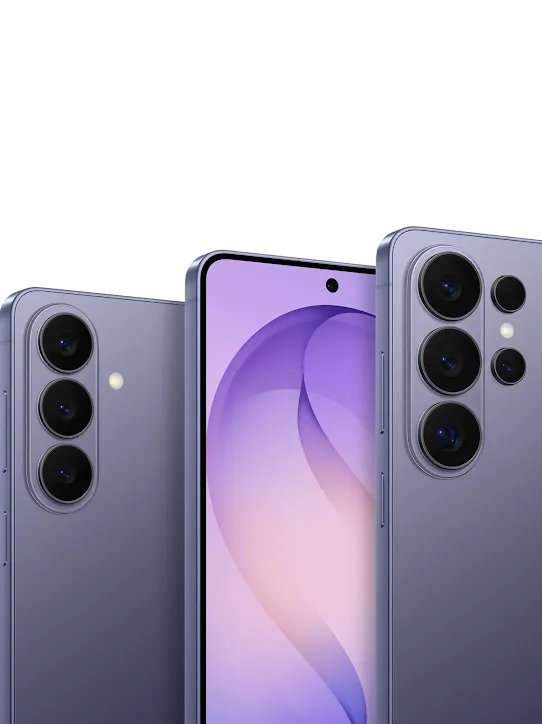 Front and back views of the Galaxy S26 Series phones.