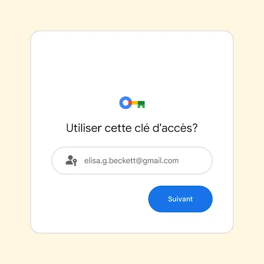 Interface utilisateur d'une invite de connexion demandant « Utiliser cette clé d'accès? » et un bouton Suivant.