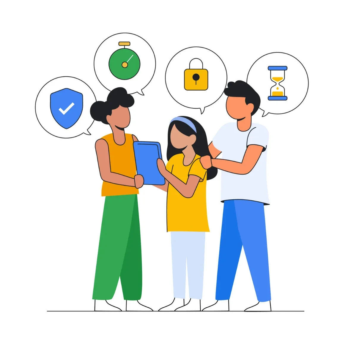 Three young people looking at a tablet with security and time-related icons floating above them.