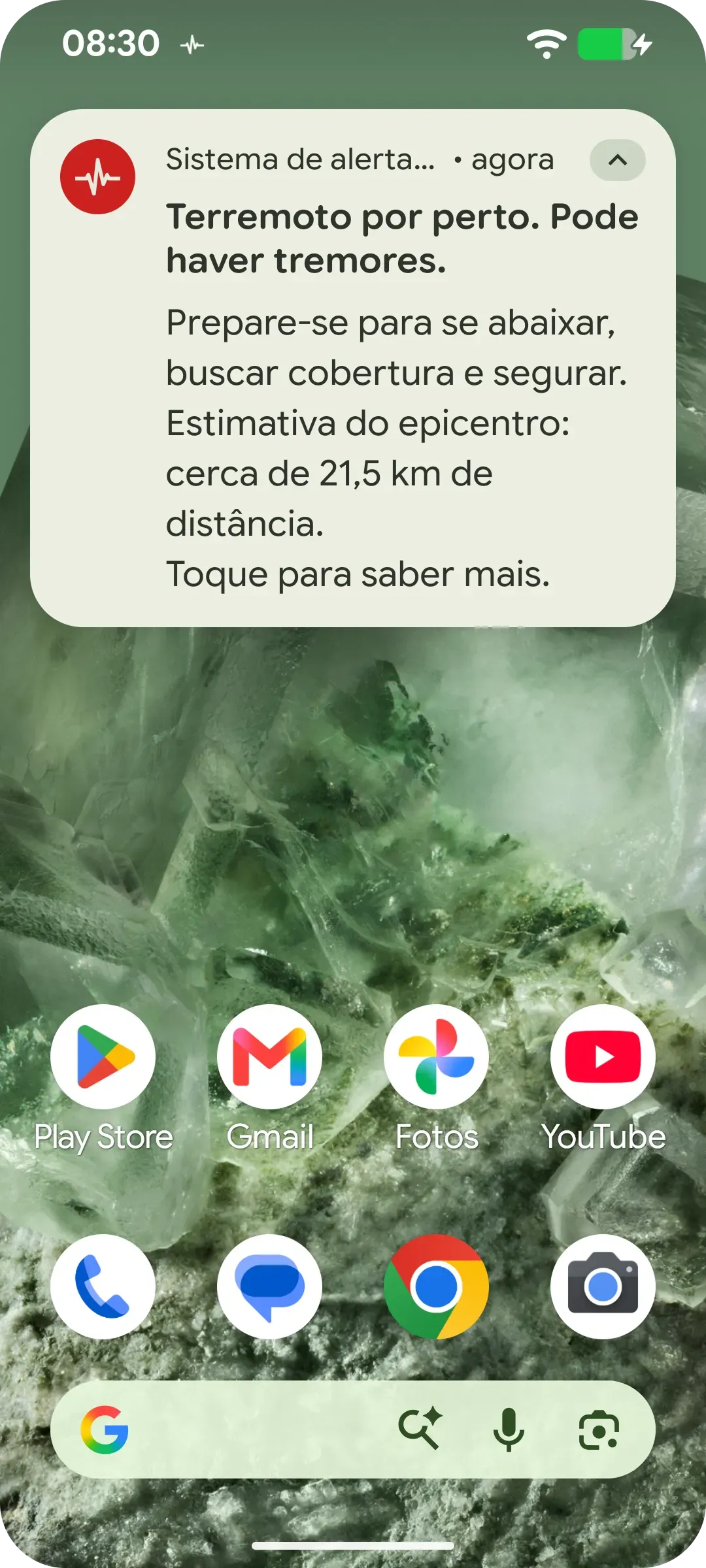 Interface de um smartphone com notificação de terremoto por perto | Prontidão