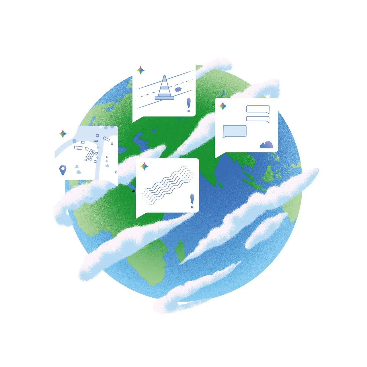 A conceptual illustration of a stylized globe surrounded by floating speech bubbles. The bubbles contain icons for road maintenance (a traffic cone), urban mapping, data communication, and environmental patterns (wavy lines). The icons represent Google's AI-driven solutions for global public sector challenges.