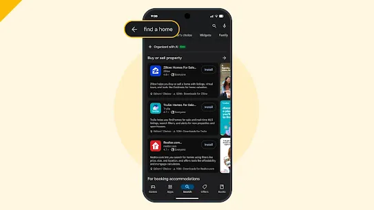 A phone screen shows search results for "find a home" in the Google Play app, which surfaces several homebuying apps.