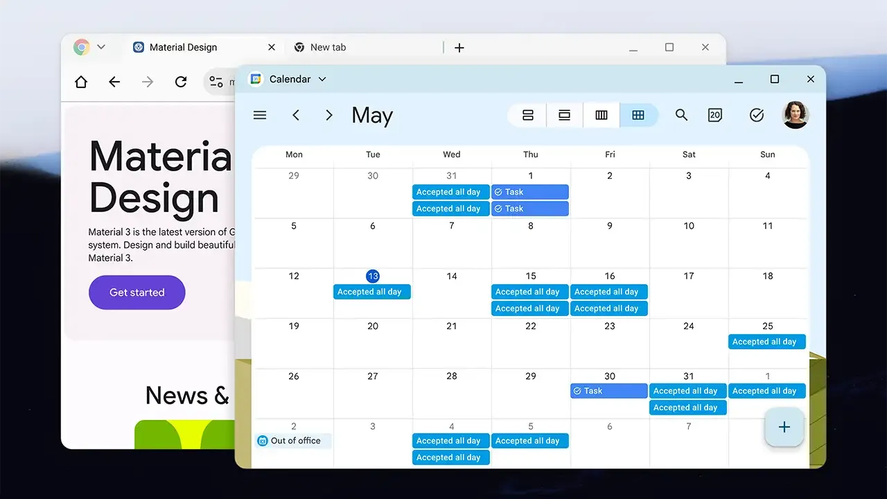 Chrome browser window and a Google calendar window are open on screen and overlapped.