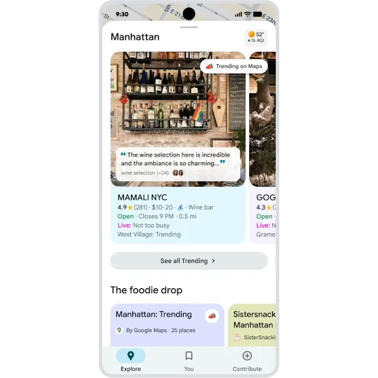 Scrolling through the Explore section in Google Maps on an Android phone to see trending activities nearby.