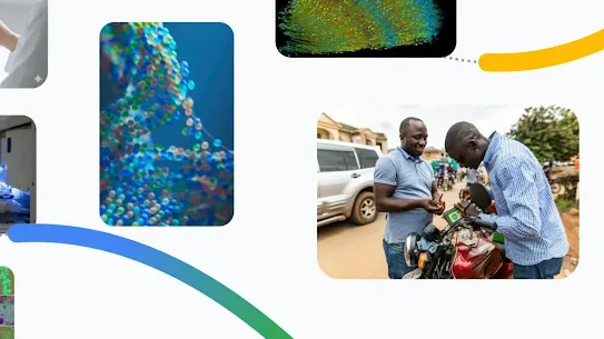 A modern collage featuring four distinct panels connected by flowing blue, green, and yellow graphic lines. The panels show a molecular DNA model, a complex biological data visualization, a person in a lab setting, and two men working together on a motorcycle in an outdoor setting. The Google.org logo is visible in the bottom right, representing the 12 recipients of the AI for Science fund.