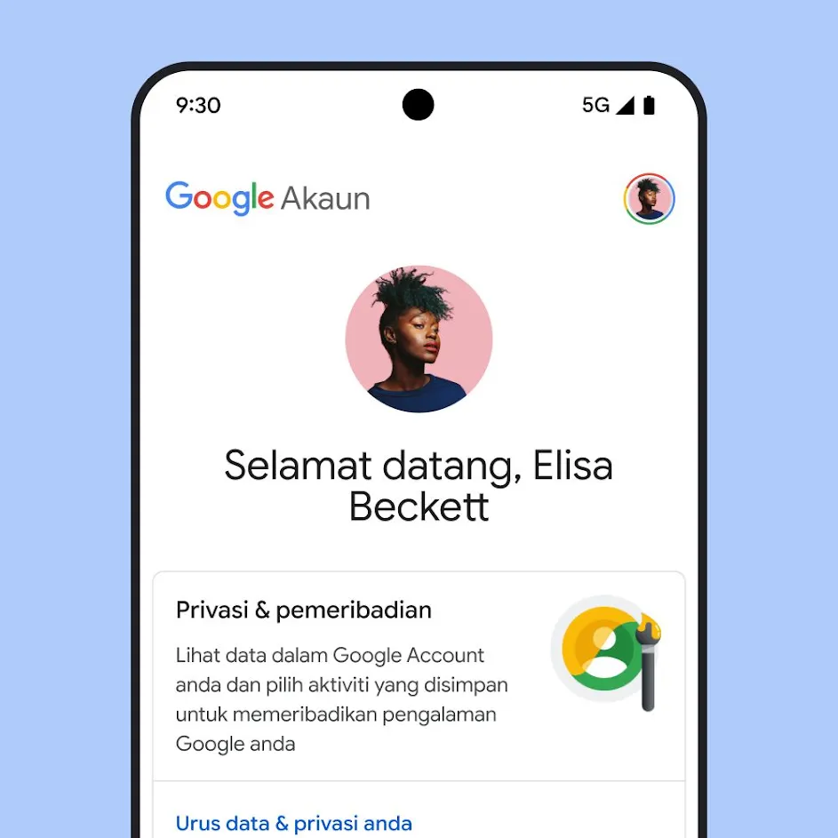 Imej UI Google Akaun Saya, termasuk pemesejan tentang privasi dan pemeribadian serta pautan untuk mengurus data dan privasi anda.