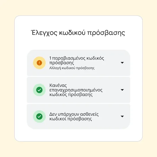 Διεπαφή για τον Έλεγχο κωδικού πρόσβασης που εμφανίζει αποτελέσματα, όπως "1 παραβιασμένος κωδικός πρόσβασης" και μια πρόταση για αλλαγή αυτού του κωδικού πρόσβασης.