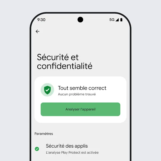 Une image d'un écran de téléphone intelligent fonctionnant sous le système d'exploitation Android avec les paramètres de sécurité et de confidentialité ouverts, affichant les résultats d'une analyse de l'appareil et les paramètres de sécurité des applis.