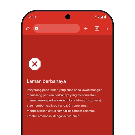 Visual skrin telefon pintar yang menggunakan penyemak imbas Chrome, menunjukkan amaran tentang laman berbahaya, termasuk langkah seterusnya yang disyorkan dan pautan untuk mengetahui amaran ini dengan lebih lanjut. 