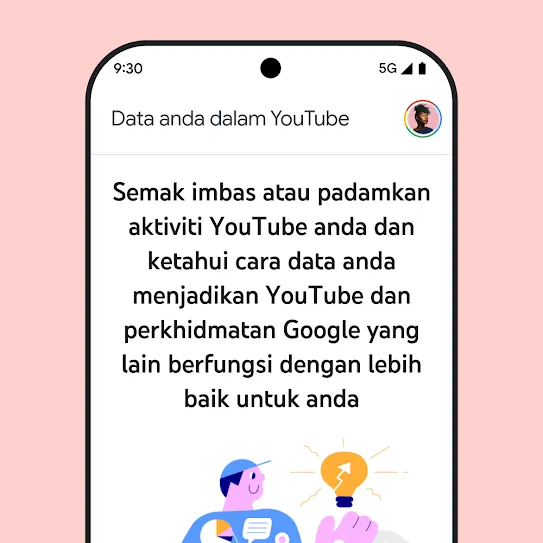 Visual skrin telefon pintar dengan YouTube dibuka, memaparkan mesej bermaklumat tentang “Data anda dalam YouTube” yang merangkumi butiran semakan imbas dan pemadaman sejarah aktiviti.