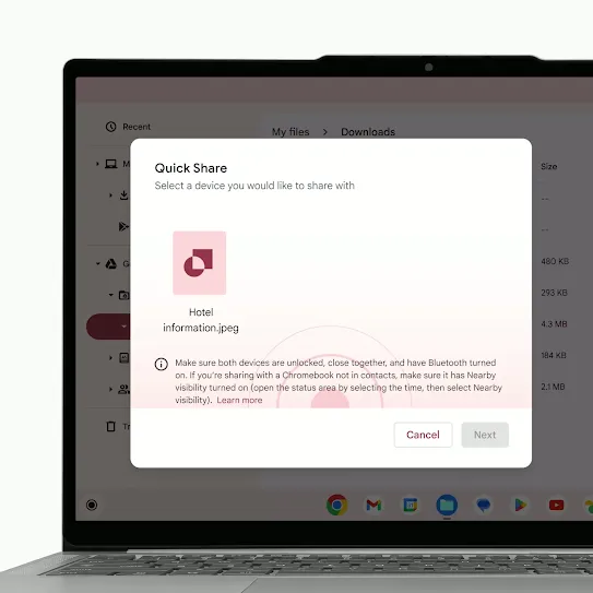 Một đoạn video ngắn cho thấy tính năng Chia sẻ nhanh trên Chromebook đang gửi một tệp sang điện thoại Android.