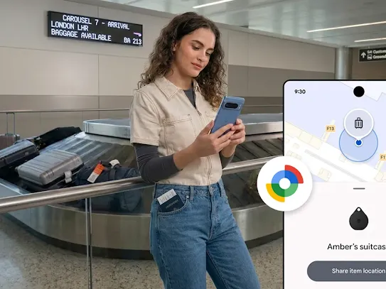 A woman using an Android device to track her luggage at an airport.